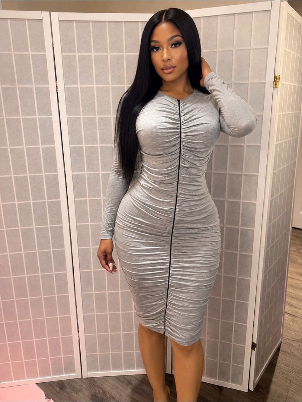 Pinko Silver Ruched Long-Sleeve Bodycon Dress